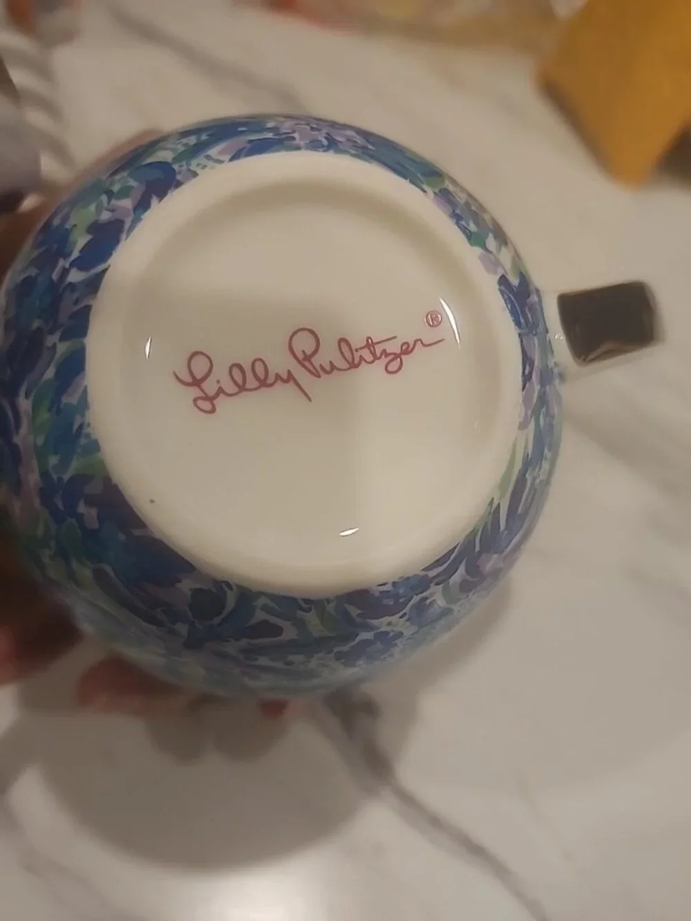 Lilly Pulitzer High Maintenance Blue Floral Ceramic Mug Gold Handle 12Oz